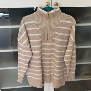 Belle by Kim Gravel Sandbar and White Striped Quarter Zip Sweater
